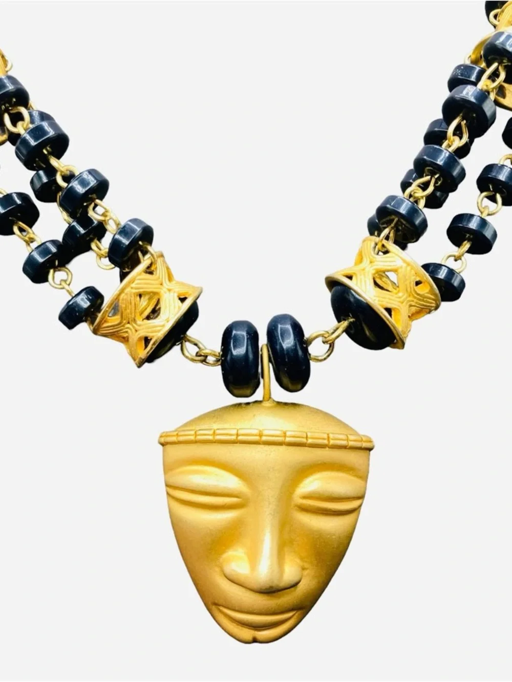 Vintage Tribal Mask Navy Lucite Bead Necklace 1980’s.